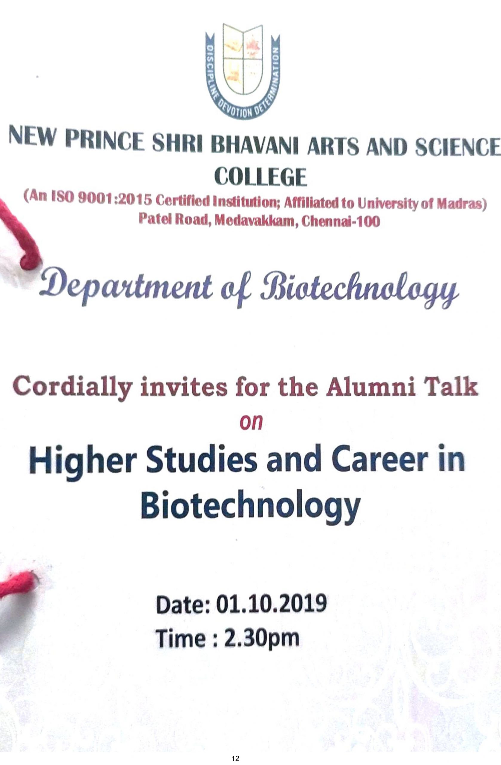Dept of Biotechnology-01-10-2019-Alumni Talk