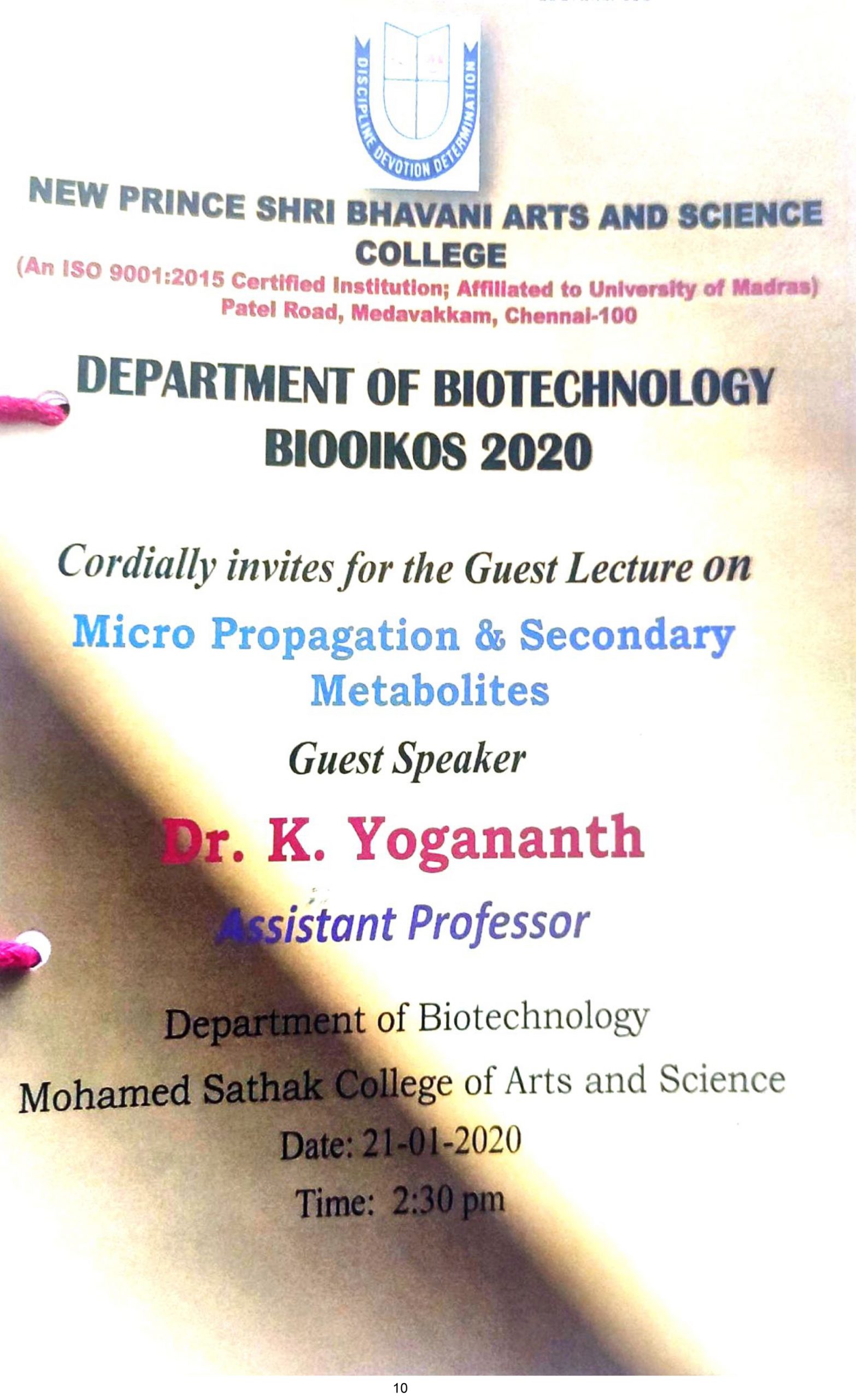 Dept. of Biotechnology-Guest Lecture-21-01-20